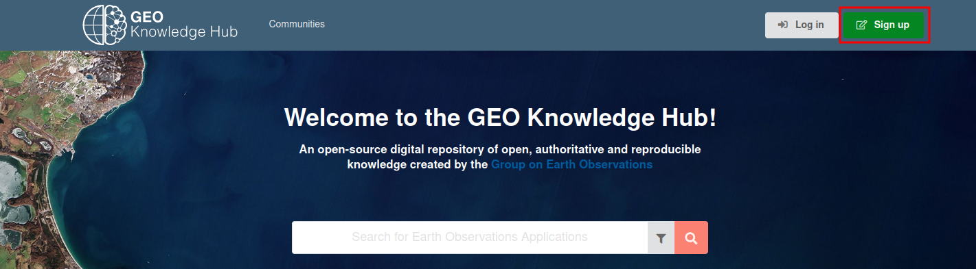 Sign up button on GEO Knowledge Hub front page