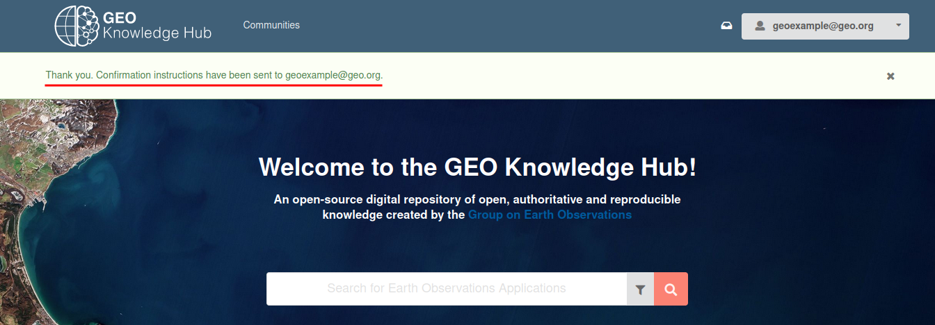 Confirmation message on GEO Knowledge Hub front page