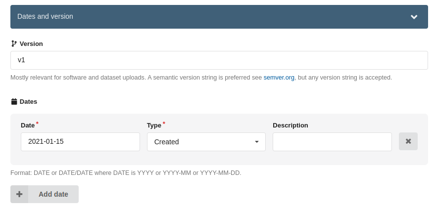 Dates and versions section